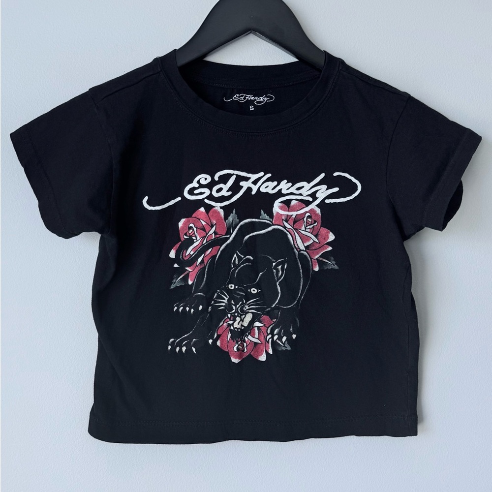 Ed Hardy Black Tee with Panther and Red Rose Design